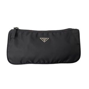Prada black Tessuto nylon triangle logo semi formed travel cosmetic zip pouch